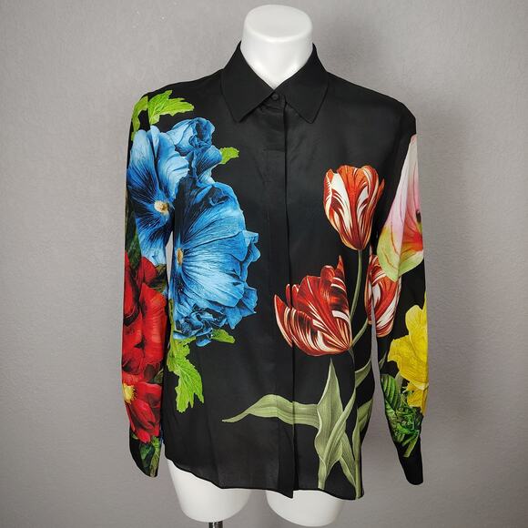 Alice + Olivia Willa Silk Le Parisien Floral Placket Top Blouse  Medium FLAW - Picture 2 of 16